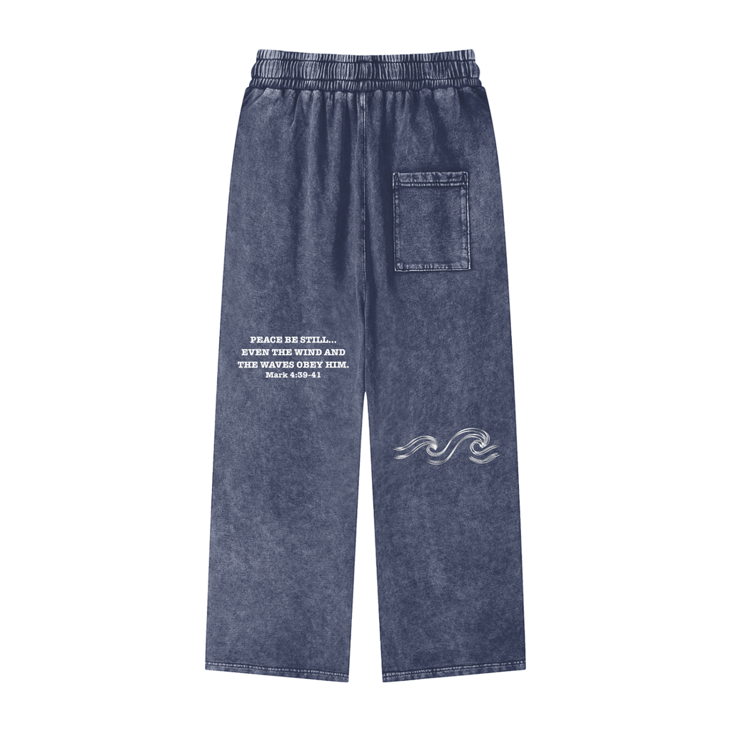 Acid Wash Baggy Straight Leg Denim-Blue Pants