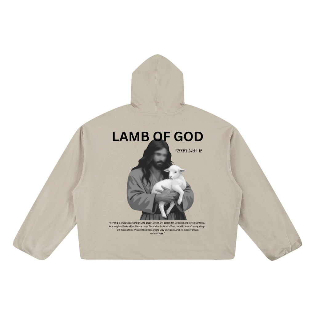 Boxy Gather-Hem Hoodie "LAMB OF GOD"